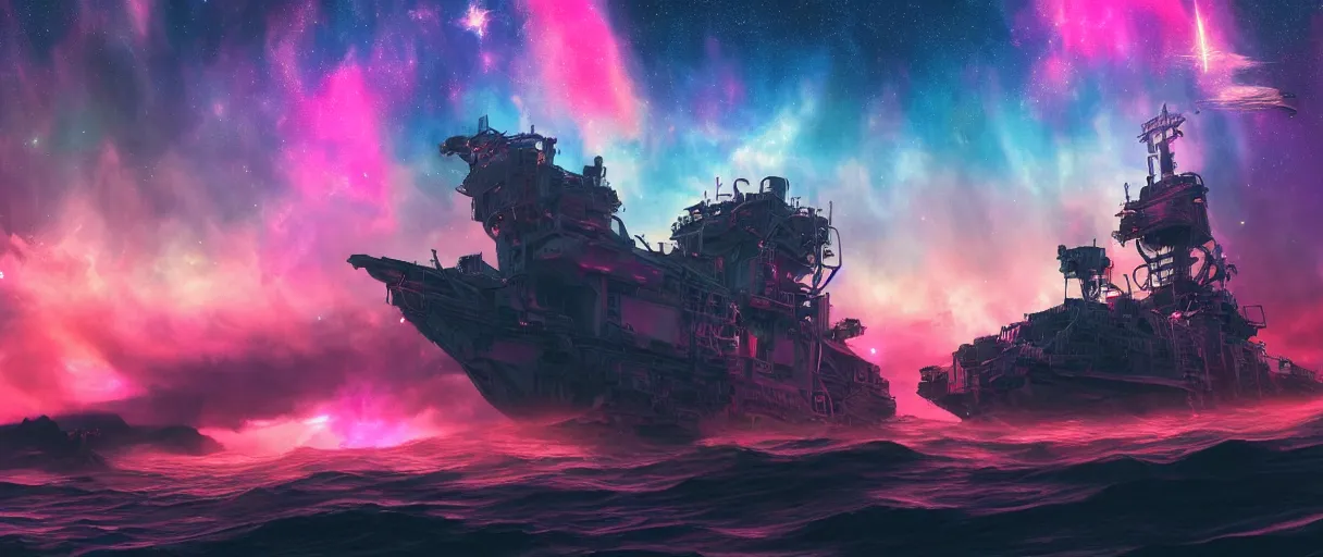 Prompt: space, hyperdetailed illustration, portrait big dark dog, neon ship, mohawk, stars, pink, neon, oil painting, rich deep colors masterpiece, pirate neon ship, ultra detailed, contrast, heaven pink, clouds, volumetric light, atmospheric lighting, dramatic, cinematic, moody, octane render 4 k, 8 k