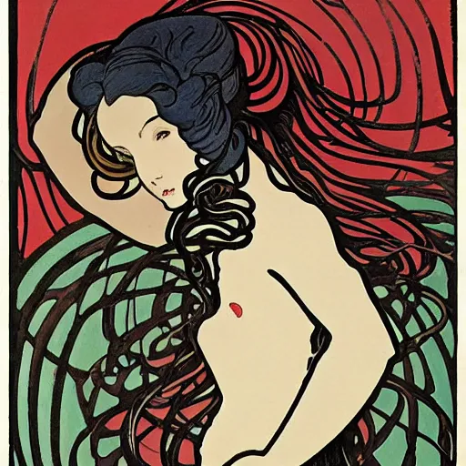 Image similar to a girl with a spider, colored woodcut, flat pastel colors, by Mackintosh, by Alfons Mucha, art noveau, by Hokusai