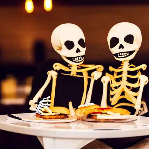 Image similar to A photo of two elegantly dressed skeletons sharing a cheeseburger on a romantic evening in a restaurant. Nikon D750 35mm iso 100