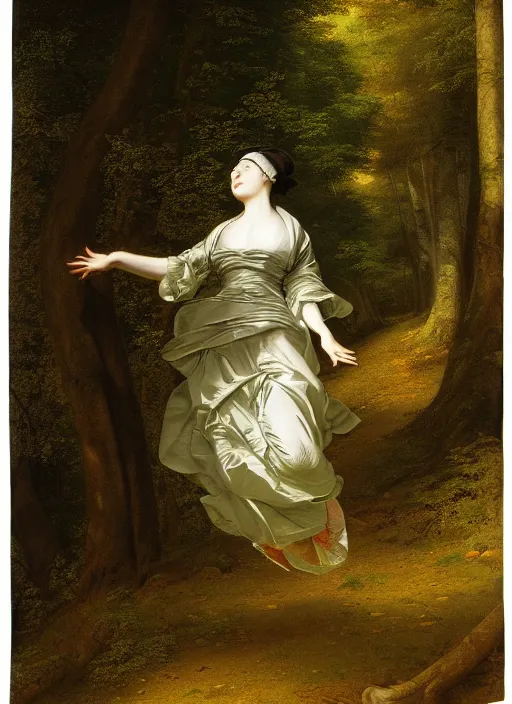 Image similar to a woman in a long dress running in forest, god light, by asher brown durand, by yoshitaka amano