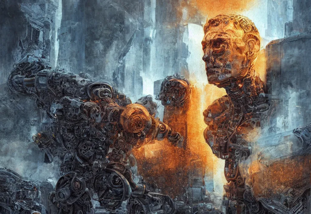 Prompt: hyperrealistic mixed media painting of a humanoid terminator floating in lava, stunning 3d render inspired art by P. Craig Russell and Barry Windsor-Smith + perfect body symmetry + dim volumetric lighting, 8k octane beautifully detailed render, post-processing, extremely hyperdetailed, intricate futuristic mechanic parts, epic composition, grim yet sparkling atmosphere, cinematic lighting + masterpiece, trending on artstation
