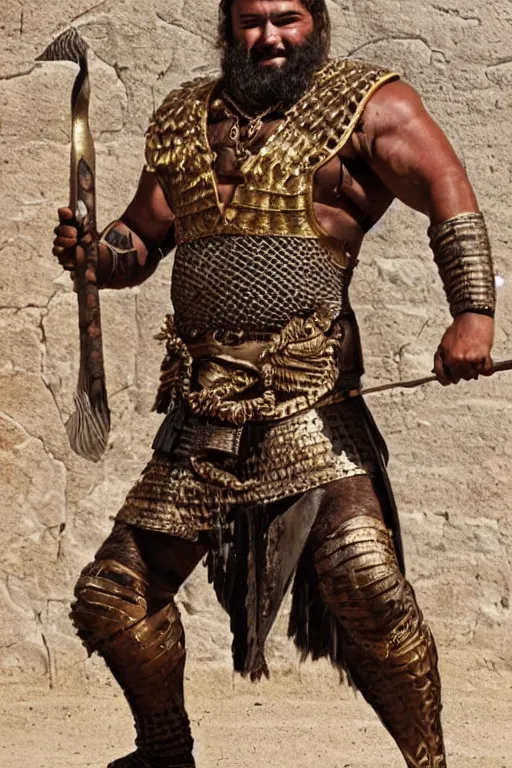 Prompt: ancient Mesopotamian warrior, thick braided beard with golden rings, intricate bronze armour, very muscly, dark skin, strongman, big smile. Holding a Zweihander. Full body dynamic action pose. Movie still.
