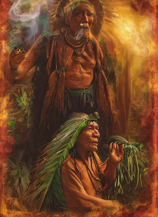 Image similar to a vision of the tobacco plant teacher spirit as an old indigenous man during an ayahuasca ceremony, surrounded by thick smoke, fractals, fantasy art, matte painting, highly detailed