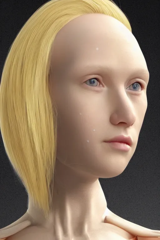 Image similar to robot with human face, female head, full body angle, woman human face, human face realistic, beautiful blonde hair, human head, human head with blonde hair, blonde hair human head, blonde hair, human realistic face, human head skin, cyborg frame concept, cyborg by ales-kotnik, sci-fi android female, the body is made of wires, robotic body, cyborg body, cyborg bust body, robot body cyborg, full body