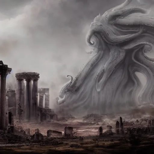 Prompt: Giant smoke monster coming out of the ground, thick swirling smoke, Nyarlathotep, Tentacles, mist, dramatic lighting, Byzantine ruins, surrounded by priests, worshipers, desert, cinematic, epic lighting, trending on artstation