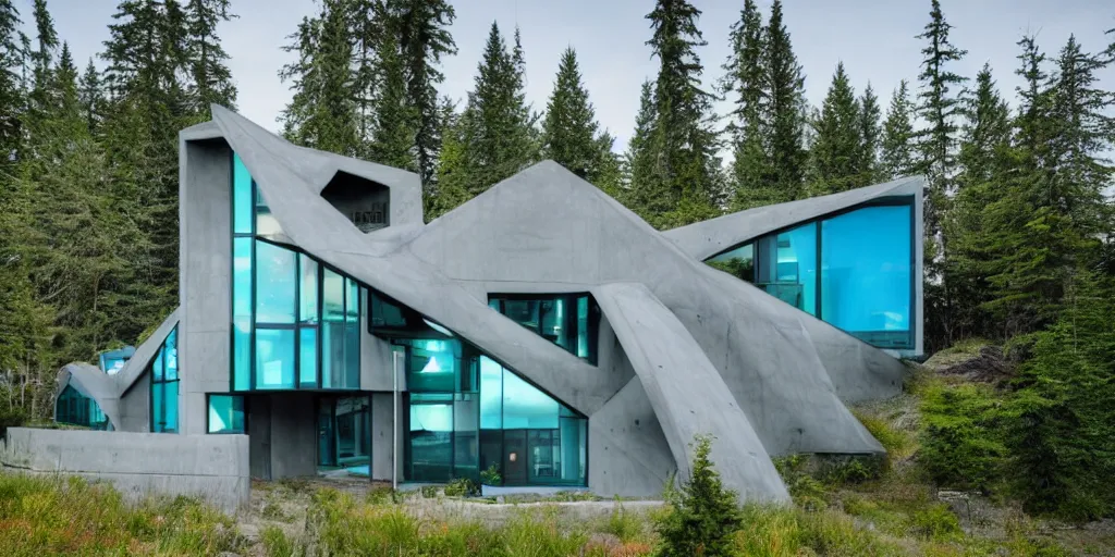 Image similar to large futuristic residence, pacific northwest, gray concrete, large blue and green windows, blue and green metal, triangular elements