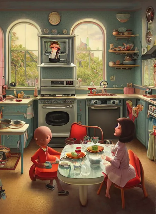 Image similar to highly detailed wide - angle portrait of a retro 1 9 6 0 s kitchen, nicoletta ceccoli, mark ryden, lostfish, earl nore, hyung tae, frank frazetta, global illumination, god rays, detailed and intricate environment