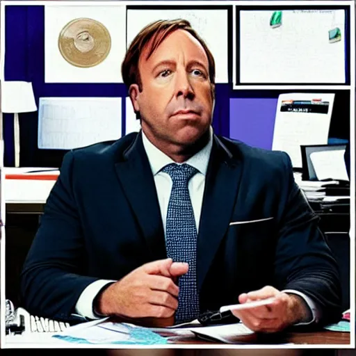 Image similar to “ very photorealistic photo of alex jones in saul goodman ’ s office, award - winning details ”