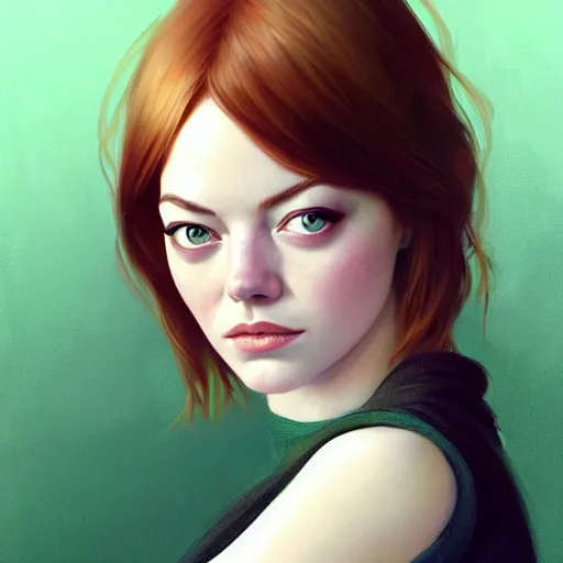 Image similar to beautiful natural Emma Stone with green eyes and different nose and mouth, intricate, elegant, highly detailed, digital painting, artstation, concept art, smooth, sharp focus, illustration, art by artgerm and greg rutkowski and alphonse mucha and loish and WLOP