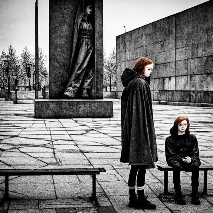 Image similar to sadie sink in hoodie sits on bench in ruined square, pedestrians walk by, soviet monument and propaganda posters. storyboard, scifi cyberpunk. by gabriel hardman. cinematic atmosphere, detailed and intricate, perfect anatomy