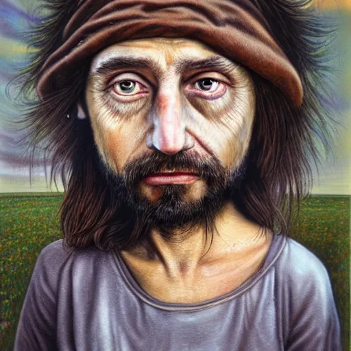 Prompt: portrait of a hobo, painted by trevor brown