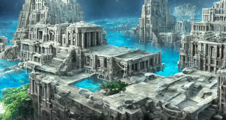 Prompt: the lost city of Atlantis, underwater, epic view, epic lighting, fully built buildings, white marble, hyper detailed, 4K