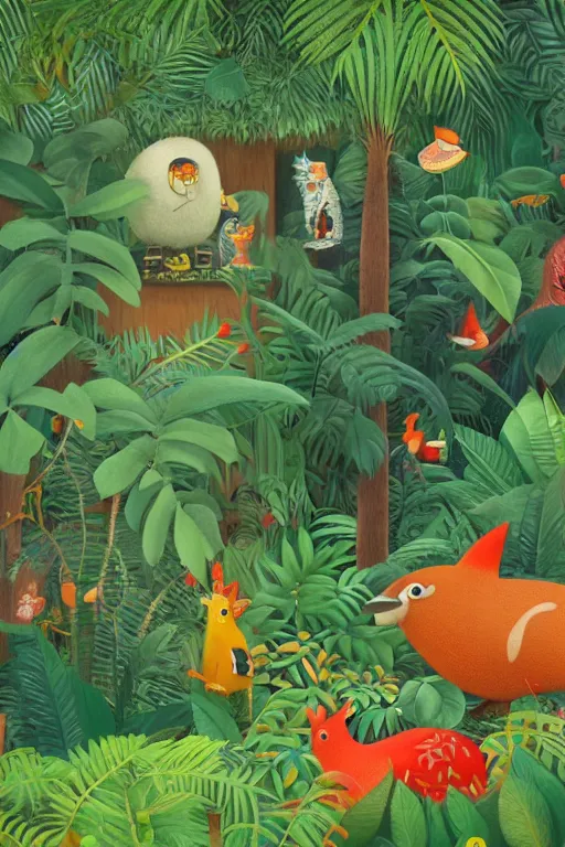 Image similar to rare bird in the jungle, highly detailed, unreal engine render concept art, style of henri rousseau and richard scarry and hiroshi yoshida