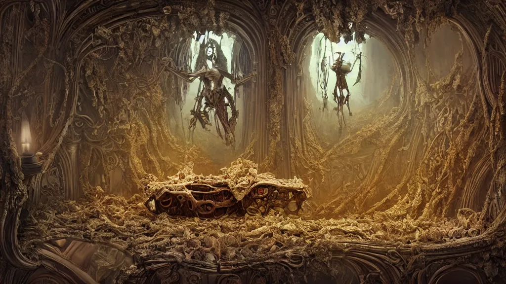 Prompt: inside of angel anatomy sitting on an ornate victorian couch made out of decomposing animals, intricate, detailed, volumetric lighting, sharp focus, photorealism, digital painting, highly detailed, concept art, by roger dean and simon stalenhag and mark brooks