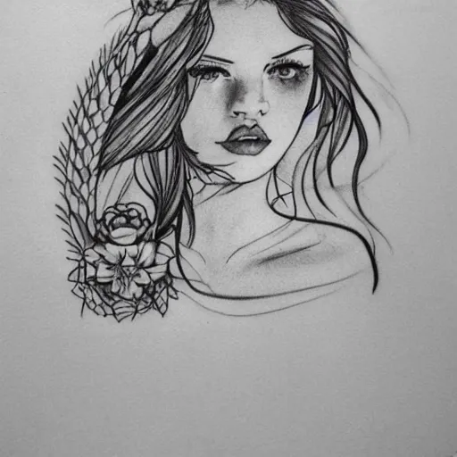 Image similar to tattoo design sketch of a beautiful girl next to a beautiful mountain scenery, hyper realistic