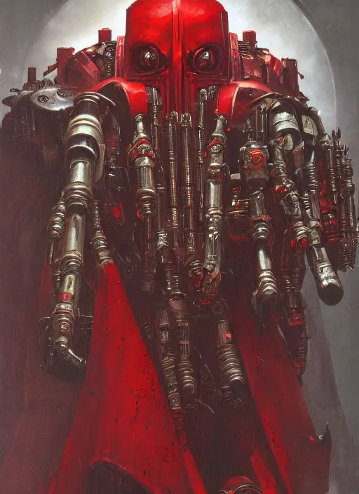 Image similar to portrait of rotten flash head adeptus mechanicus in red hood and robe from Warhammer 40000. Highly detailed, artstation, illustration by and John Blanche and zdislav beksinski and wayne barlowe