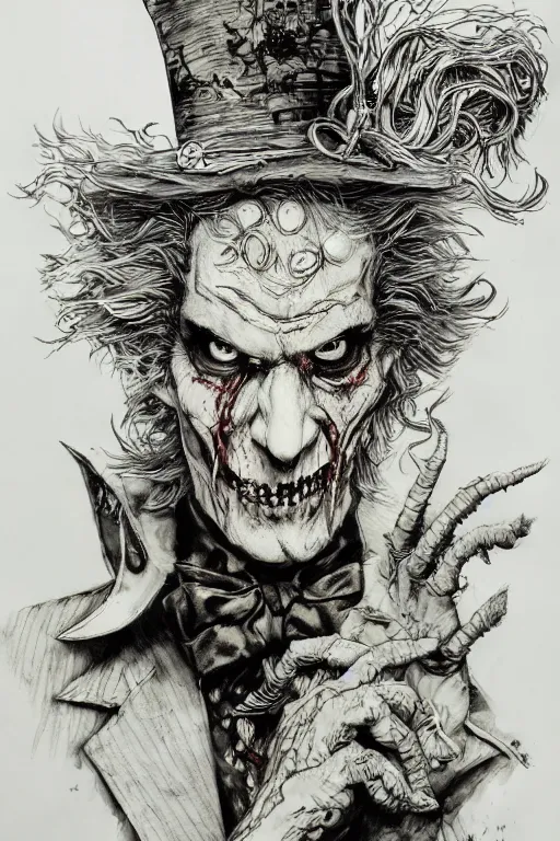 Prompt: Zombie mad hatter , pen and ink, intricate line drawings, by Yoshitaka Amano, Ruan Jia, Kentaro Miura, Artgerm, watercolor