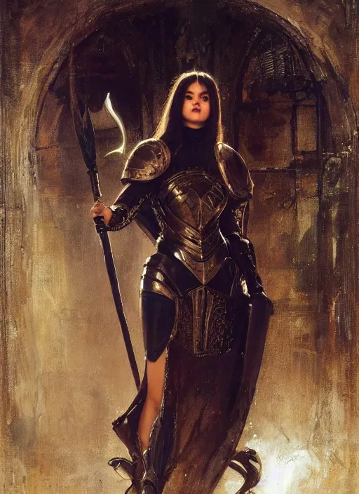 Image similar to young beautiful mischievous selena gomez wearing black medieval armour, bare legs, detailed, by gaston bussiere, bayard wu, greg rutkowski, giger, maxim verehin, greg rutkowski, masterpiece, sharp focus, cinematic lightning