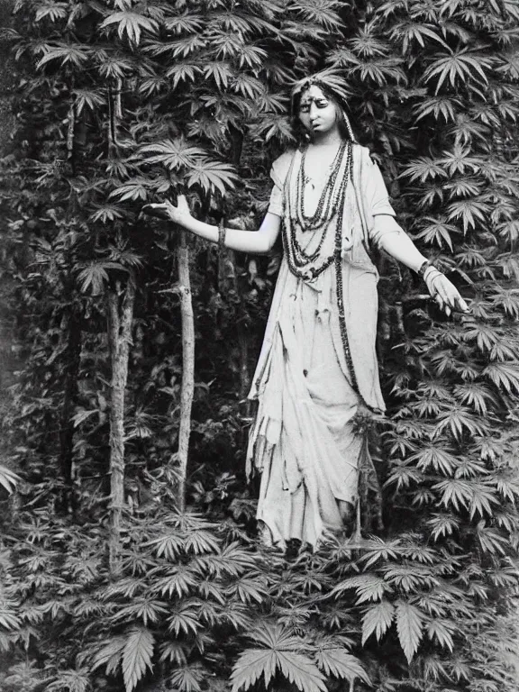 Image similar to hindu goddess in cannabis forest, ww1 photo, grainy, high detail, high resolution,