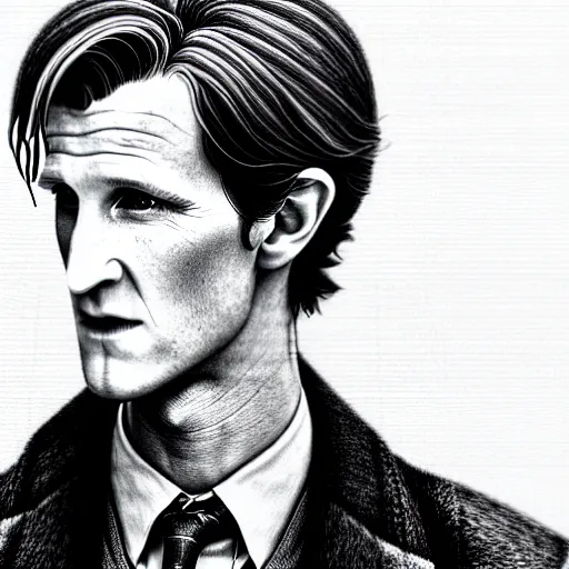 Image similar to beautiful lifelike award winning pencil illustration of the 1 1 th doctor matt smith cinematic atmospheric, highly detailed, beautiful and realistic face