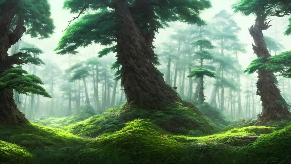 Image similar to forest clearing landscape, studio ghibli, pixar and disney animation, sharp, rendered in unreal engine 5, highly detailed, digital painting, artstation, concept art, smooth, sharp focus, illustration, wide angle, artbook, wallpaper, splash art, promo art, dramatic lighting, art by artgerm and greg rutkowski and bo chen and jin xiaodi