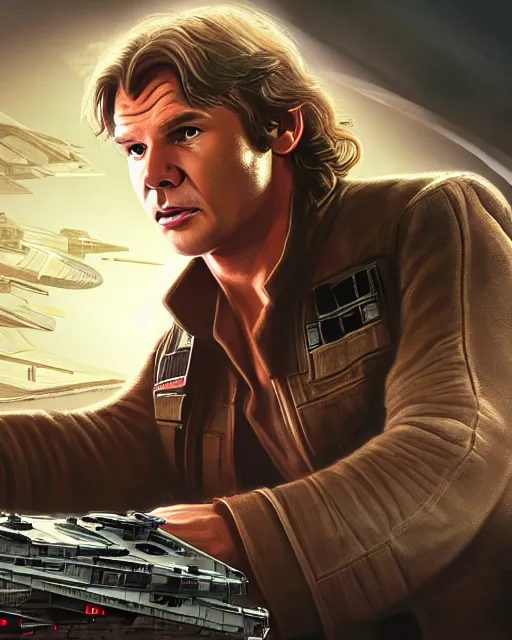 Prompt: portrait of han solo on the millennium falcon, harrison ford,, star wars, gta v, hyper realistic, ambient lighting, concept art, intricate, hyper detailed, smooth, action, volumetric lighting, george lucas, arney fretag, ralph mcquarrie, octane