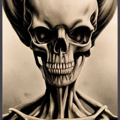 Image similar to alien looking, skull like, big forehead, horrifying, killer, creepy, dead, monster, tall, skinny, open mouth, deathly, old picture