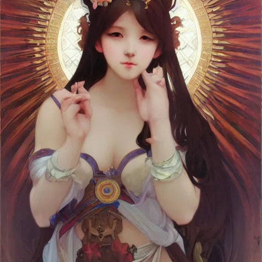 Image similar to detailing character concept portrait painting of cute neko girl, high fantasy, elegant, art station, pixiv, trending, editor’s pickup, by Alphonse Mucha