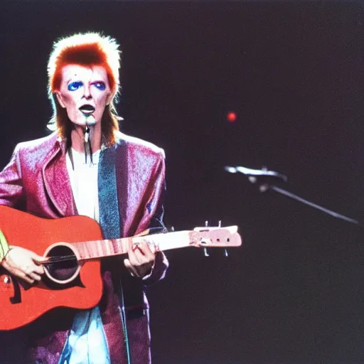 Prompt: david bowie singing into microphone wearing a clearly symbol yin - yang shirt, scene in space, avant - garde painting