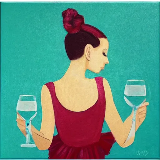 Image similar to square painting of a ballerina drinking wine in a teal room all on a red background