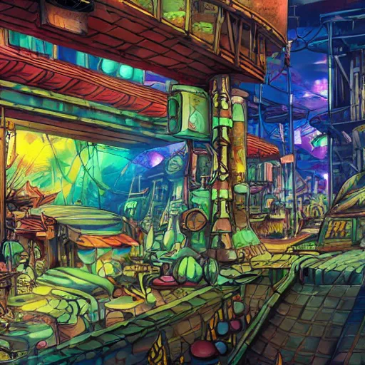 Image similar to anime background of an undersea slums shopping district built from various sea shells and corals, seaweed, light prisms, light diffraction, steampunk, cyberpunk, cool colors, caustics, anime, vhs distortion