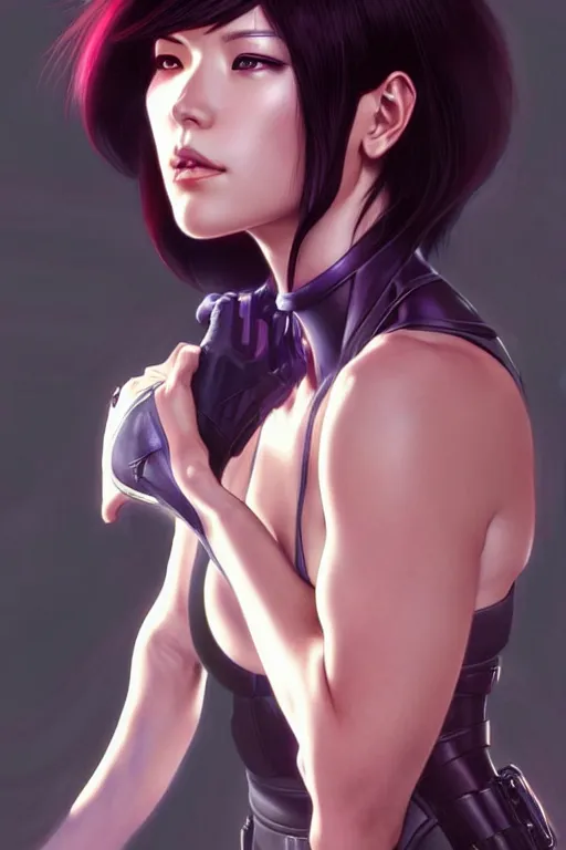 Image similar to beautiful motoko kusanagi, dark fantasy, intricate, elegant, highly detailed, digital painting, artstation, concept art, matte, sharp focus, illustration, art by artgerm and alphonse mucha