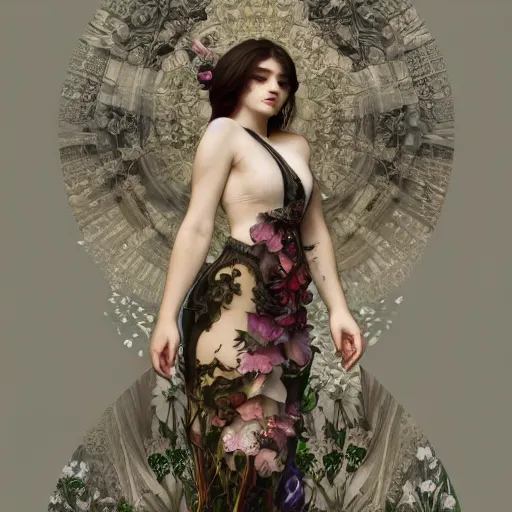 Prompt: goth girl wearing dress made out of various types of flowers, intricate, art by artgerm and greg rutkowski and alphonse mucha and william - adolphe bouguereau, high detailed, 4 k,