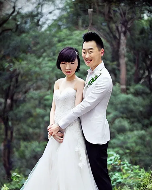 Prompt: justin sun wearing beautiful wedding dress, kawaii, professional wedding photography