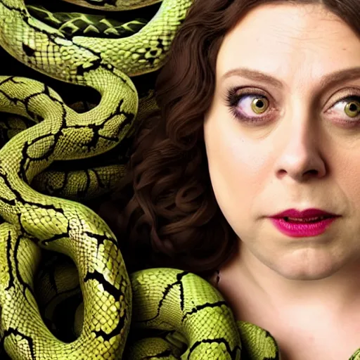 Image similar to rachel bloom as medusa with ghostly snakes for hair, highly detailed, hyper realistic, 8 k resolution