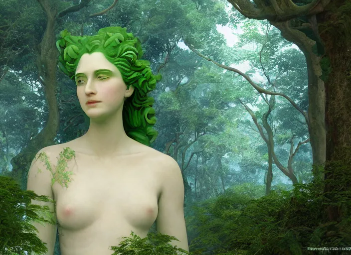 Image similar to a portrait of idealistic marble statue with fractal flowery hair and fair porcelain face and green eyes, in a magical forest, painted by, mc escher, gordon onslow ford, georgia o'keeffe and ivan aivazovsky, cinematic light, god rays, colourful, unreal engine, zbrush central,