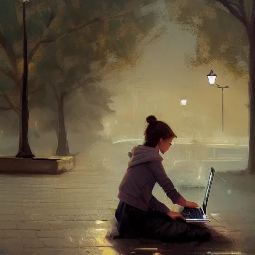 Prompt: a girl working on her laptop, city park, street lighting, greg rutkowski, digital painting