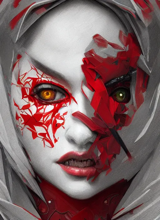 Image similar to symmetry!! red riding hood, machine parts embedded into face, intricate, elegant, highly detailed, digital painting, artstation, concept art, smooth, sharp focus, illustration, art by artgerm and greg rutkowski and alphonse mucha, 8 k