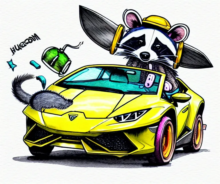 Image similar to cute and funny, racoon wearing a helmet riding in a tiny 2 0 2 0 lamborghini huracan sto, ratfink style by ed roth, centered award winning watercolor pen illustration, isometric illustration by chihiro iwasaki, edited by range murata