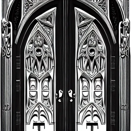 Prompt: portal double doors with a big face carved in the center. gothic medieval baroque. black iron. symmetry. epic. ominous shapes. trending on artstation