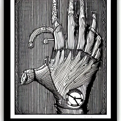 Image similar to streampunk clockwork hand, black and white line art