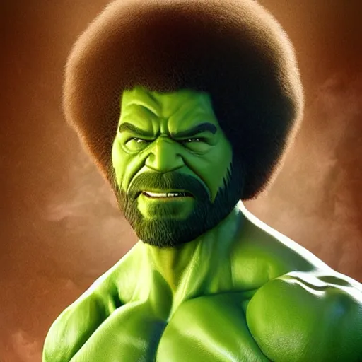 Image similar to photomanipulation of BOB ROSS as hulk with human flesh, marvel, fully detailed, volumetric lightening, octane render