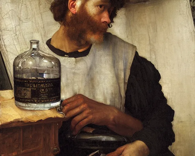 Image similar to an exhausted painter in his studio with a whiskey bottle by edgar maxence and caravaggio, intricate painting, hyper realistic, extremely detailed and beautiful aesthetic face, 8 k resolution