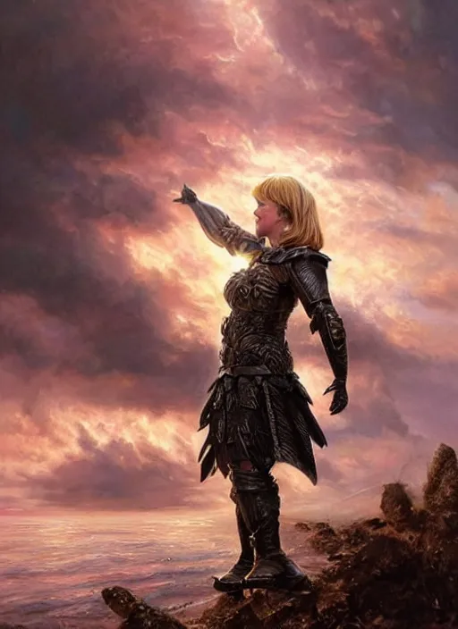 Prompt: Angela Merkel wearing black Armor, epic portrait of a very strong muscled Amazon heroine, sun beams across sky, pink golden hour, stormy coast, intricate, elegance, highly detailed, shallow depth of field, epic vista, Ralph Horsley, Daniel F. Gerhartz, Artgerm, Boris Villajo, Lilia Alvarado