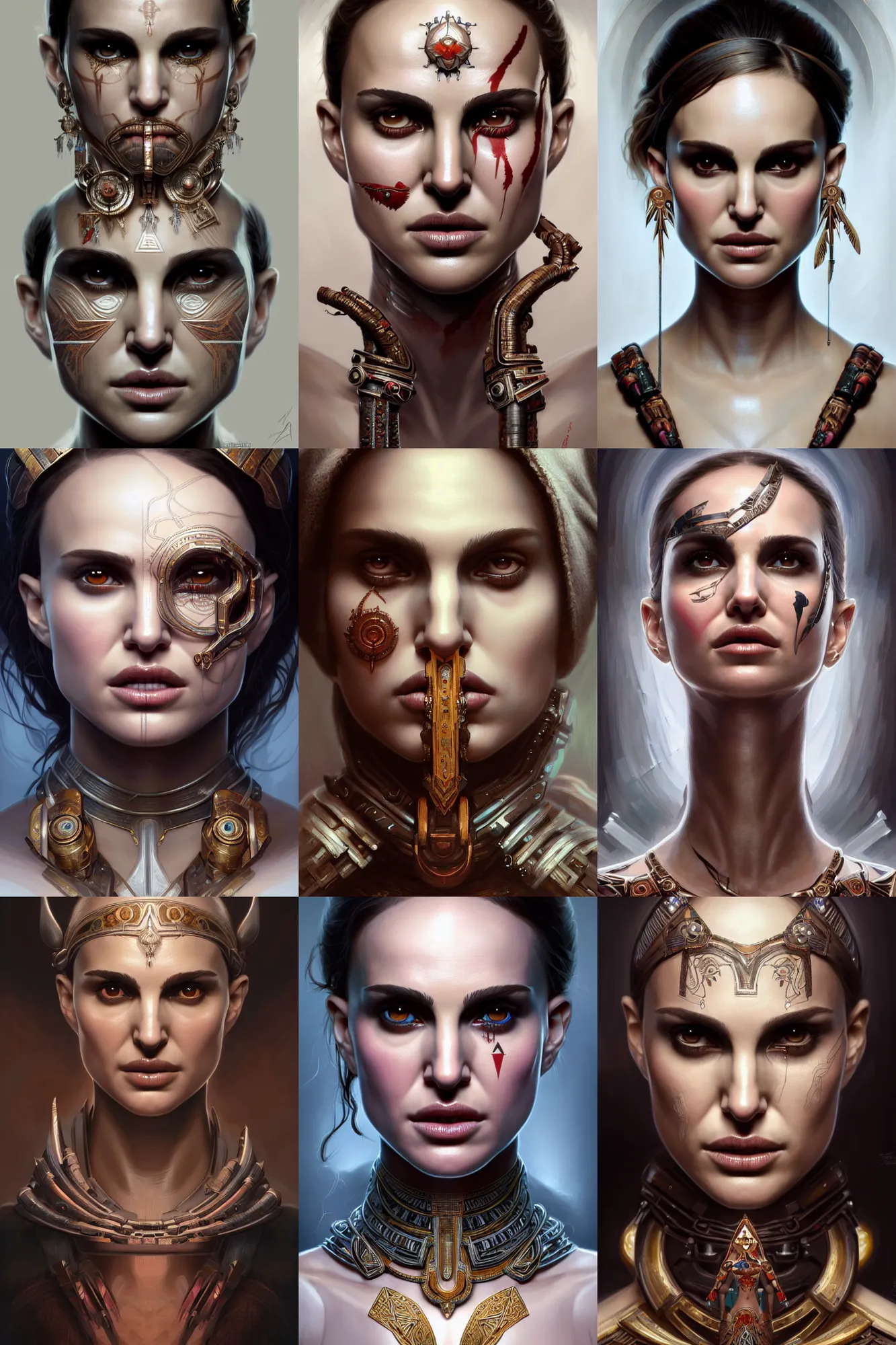 Prompt: symmetry!! portrait of natalie portman in the style of god of war, machine parts embedded into face, intricate, elegant, highly detailed, digital painting, artstation, concept art, smooth, sharp focus, illustration, art by artgerm and greg rutkowski and alphonse mucha, 8 k