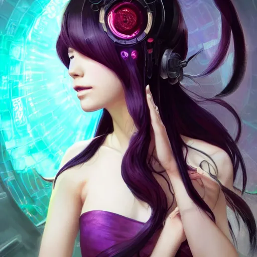 Prompt: a beautiful portrait of hatsune miku with long black and deep red colored hair and one purple colored cyborg eye, dressed a netrunner from shadowrun, intricate, elegant, highly detailed, digital painting, artstation, concept art, matte, sharp focus, illustration, art by greg rutkowski and alphonse mucha