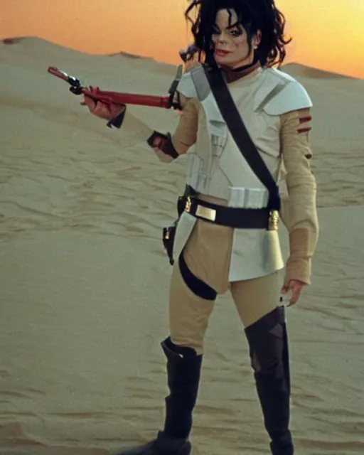 Image similar to michael jackson, as luke skywalker, with his landspeeder, beautiful tatooine desert at sunset, michael jackson is 1 6 years old and normal looking and handsome, not wearing any makeup