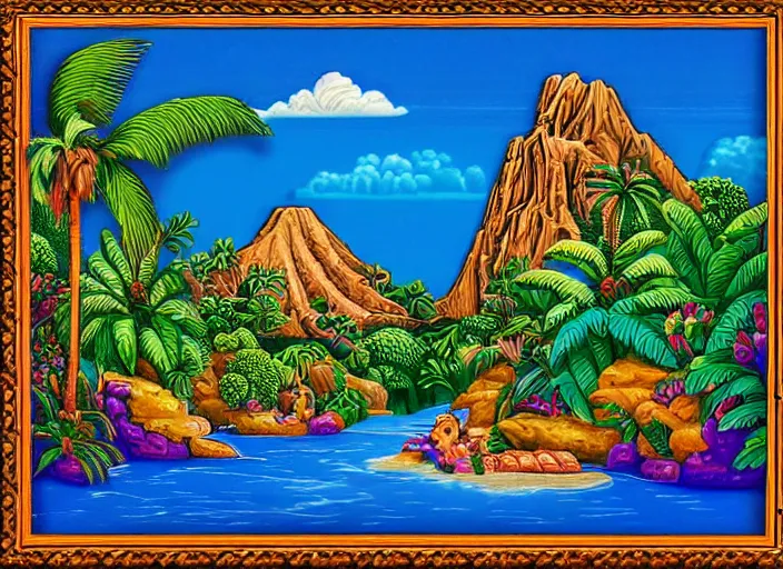 Prompt: colorized stylized bas relief sculpture of a tropical paradise with a waterfall and a detailed ornate frame in mexico folk art style