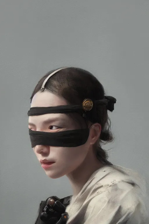 Image similar to a fancy portrait of a blindfolded women by greg rutkowski, sung choi, mitchell mohrhauser, maciej kuciara, johnson ting, maxim verehin, peter konig, 8 k photorealistic, cinematic lighting, hd, high details, dramatic, atmosphereric, trending on artstation