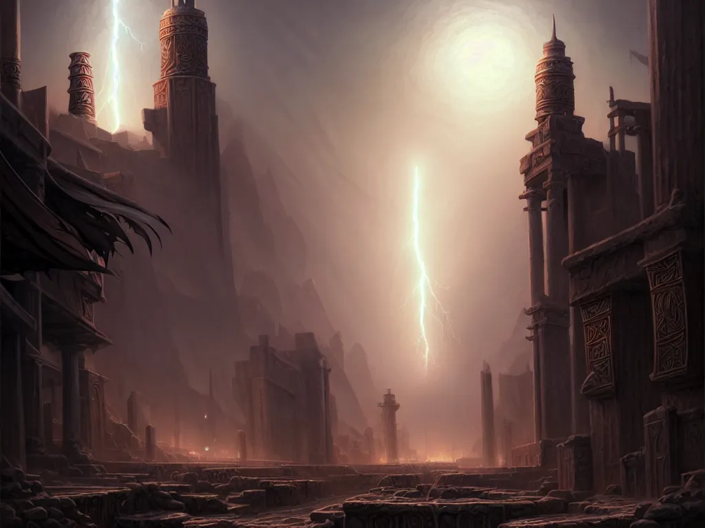 Image similar to the city of tyr in the world of athas, dark sun d & d art, beautiful digital painting by gerald brom, intricate details, ultra realistic, beautiful digital painting in the style of wlop, volumetric lightning, fantasypunk, dark sun rising, amazing d & d art, by greg rutkowski, trending cgsociety, artstation